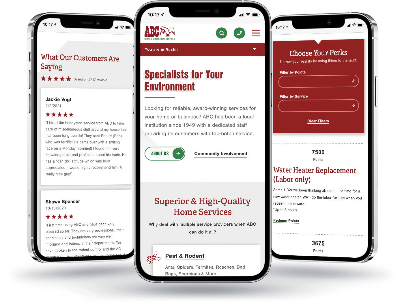 Phone view of three different ABC website pages, the first showing reviews, the second showing the homepage, the third showing customer rewards